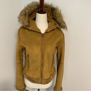 Steve Madden Leather Suede Look Tan Hood Zip Front & Pockets Faux Fur Jacket M